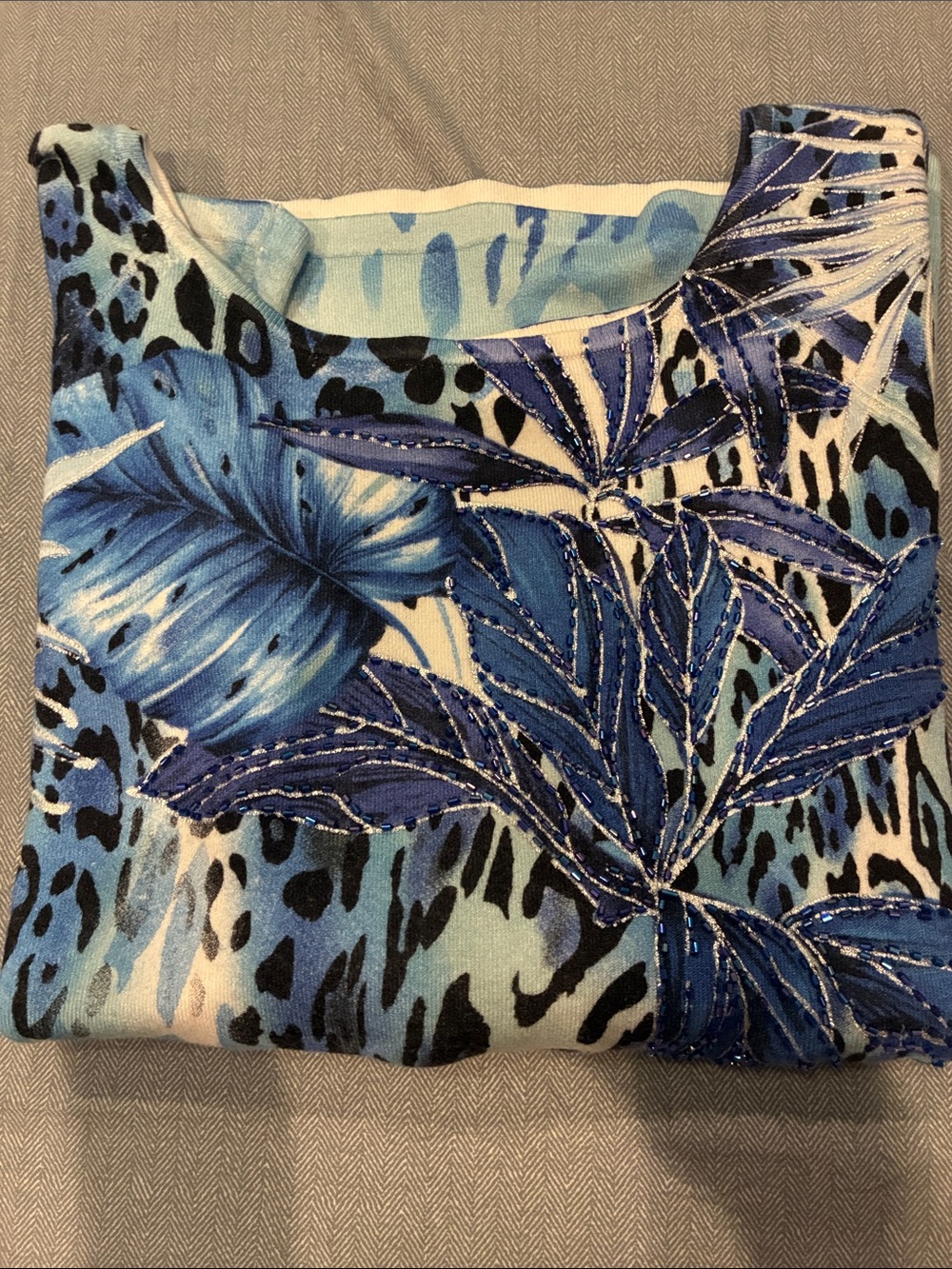 Cache Blue Beaded Tropical Animal Print Stretch Top XS Y2K - Picture 12 of 15